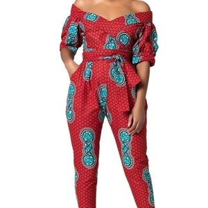 Off Shoulder Puffed Sleeve Faux Ankara Print Jumpsuits